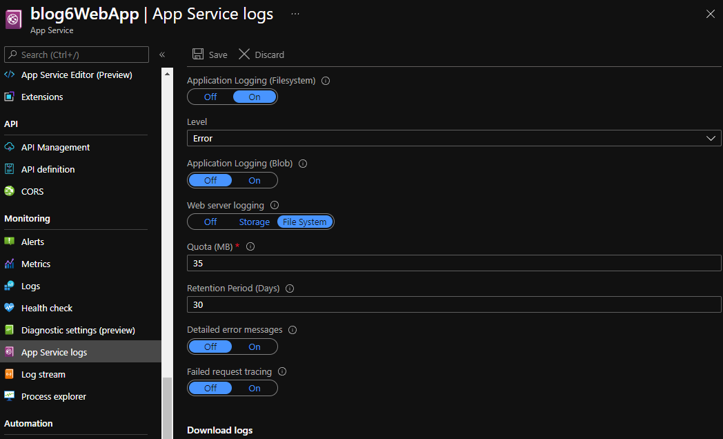 Azure portal App Service Logs picture