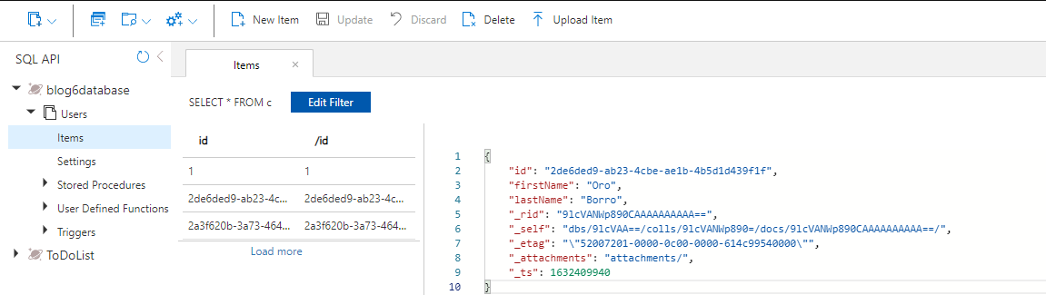Azure Website database items
